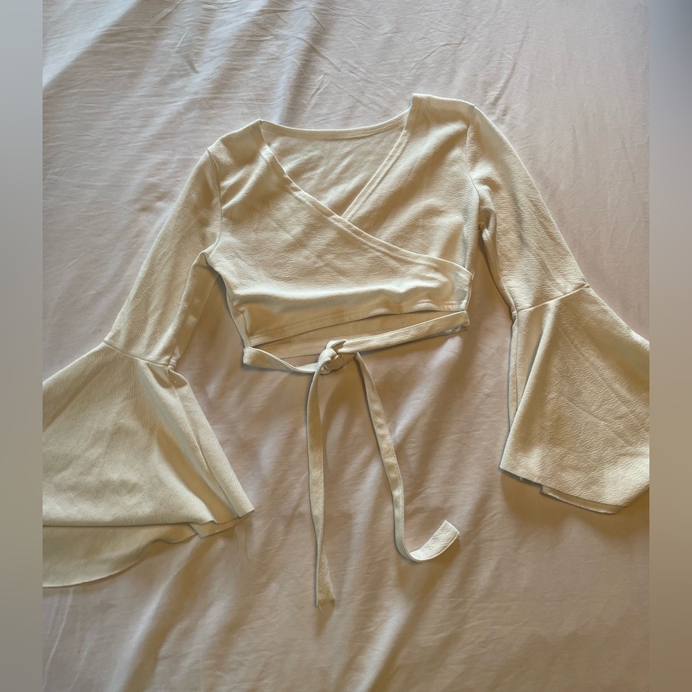 White Crossover Bell Sleeve Crop Top